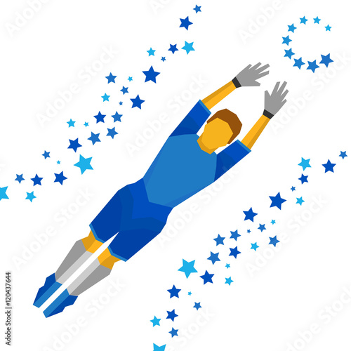 Jumping football goalkeeper catches the ball with stars pattern