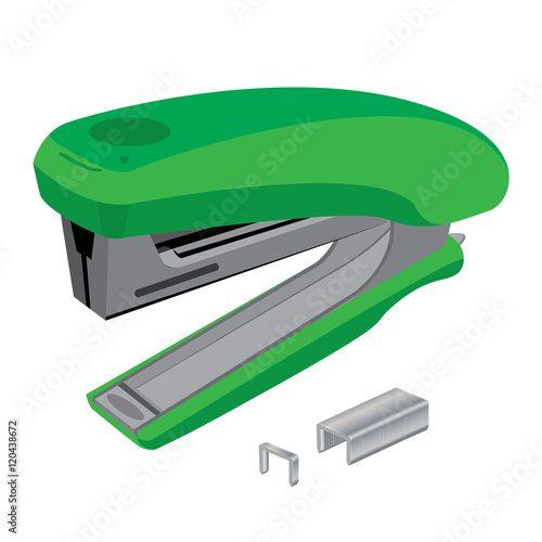 Stapler and staples. Green stapler and staples isolated on white background.
