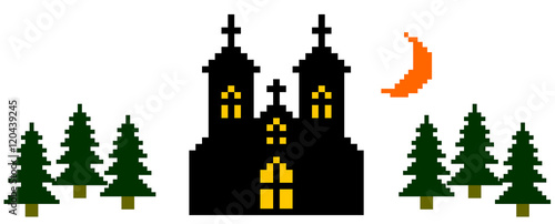 8bitイラスト：不気味な建物と木
