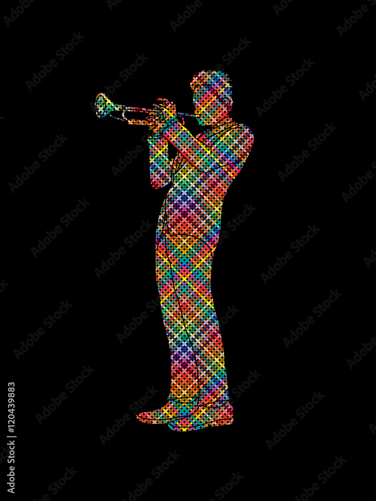 Trumpeter playing trumpet designed using colorful pixels graphic vector. Trumpeter playing trumpet designed using colorful pixels graphic vector.