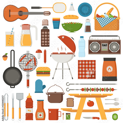 Barbecue and picnic set. Family weekend collection with barbeque grill, picnic games and grilling tools. Vegetarian barbecue set with soya sausages, mushrooms and vegetables. Outing and picnic icons.