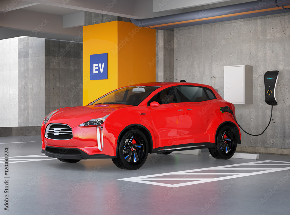 Red electric SUV recharging in parking garage. 3D rendering image. original design.