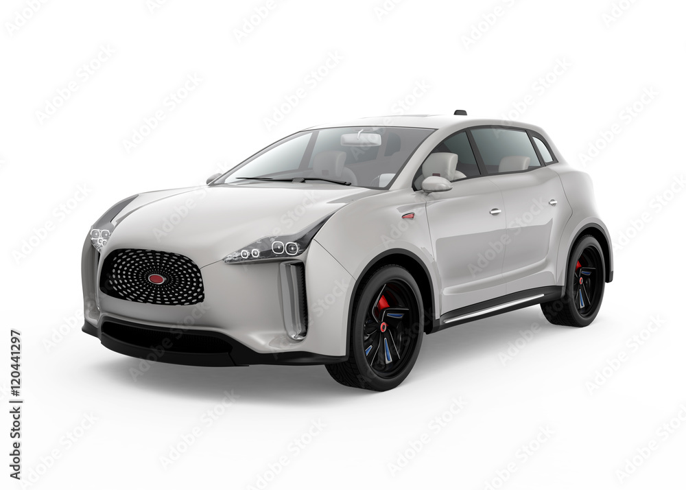 Metallic light gray electric SUV concept car in original design. 3D rendering image with clipping path. Metallic light gray electric SUV concept car in original design. 3D rendering image with clipping path.