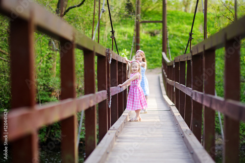 Two adorable little sisters having fun on a hanging bridge