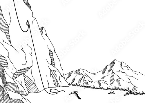 Cliff mountaineering graphic art black white landscape sketch illustration vector