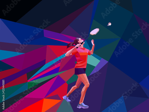 Unusual colorful triangle background. Geometric polygonal professional female badminton player