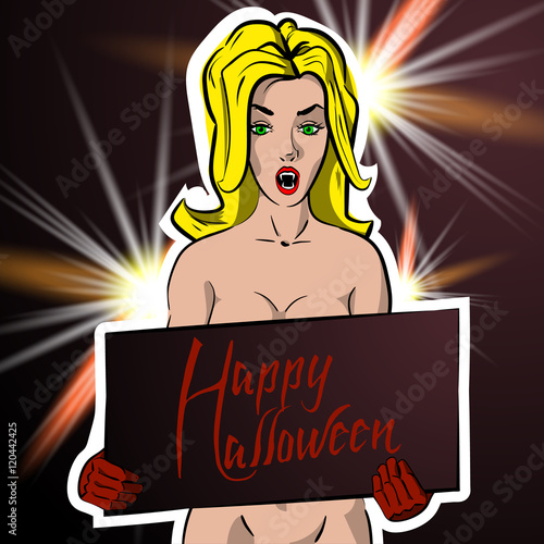 girl with a sign congratulating Halloween