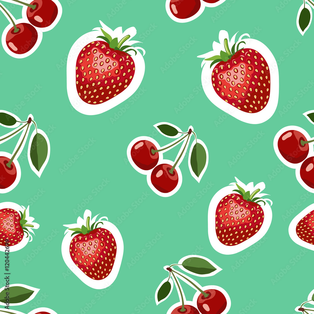 Pattern of realistic image of delicious strawberries and cherry different sizes. Turquoise background Pattern of realistic image of delicious strawberries and cherry different sizes. Turquoise background