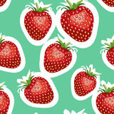 Pattern of realistic image of delicious big strawberries different sizes. Turquoise background