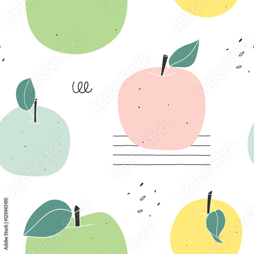 Cute apple seamless pattern. Hand drawn vector surface design. Cropped with clipping mask