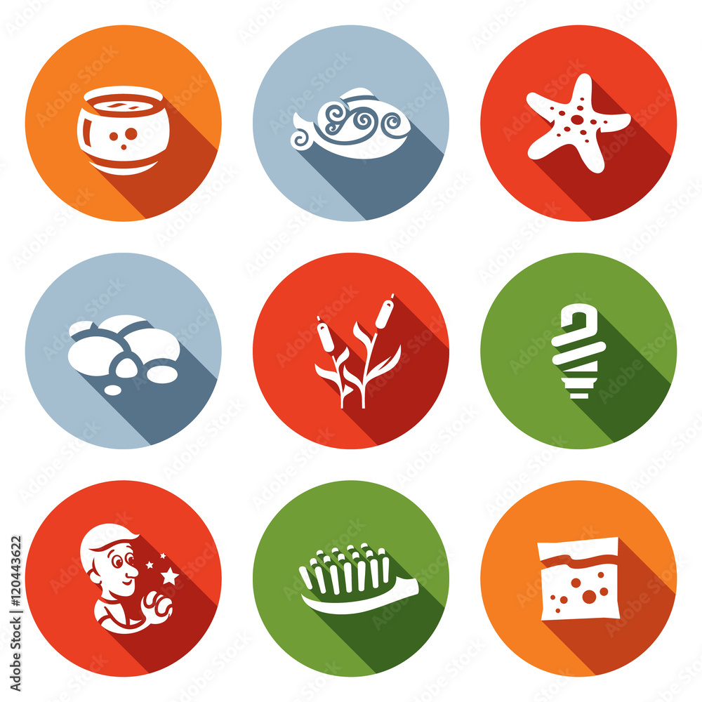 Vector Set of Aquarium Icons. Capacity, fish, starfish, pebble, reed, light, desire, brush, feed.