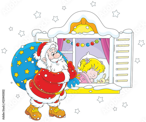 Santa Claus brought his Christmas gifts for a little girl sleeping in her bedroom