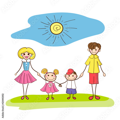 Happy family with smile and sun. Family portrait. Family illustration in child style