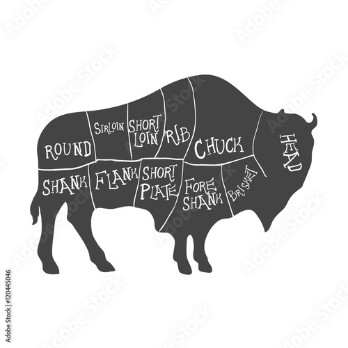 Bison Silhouette with Meat Cut Scheme. Vector