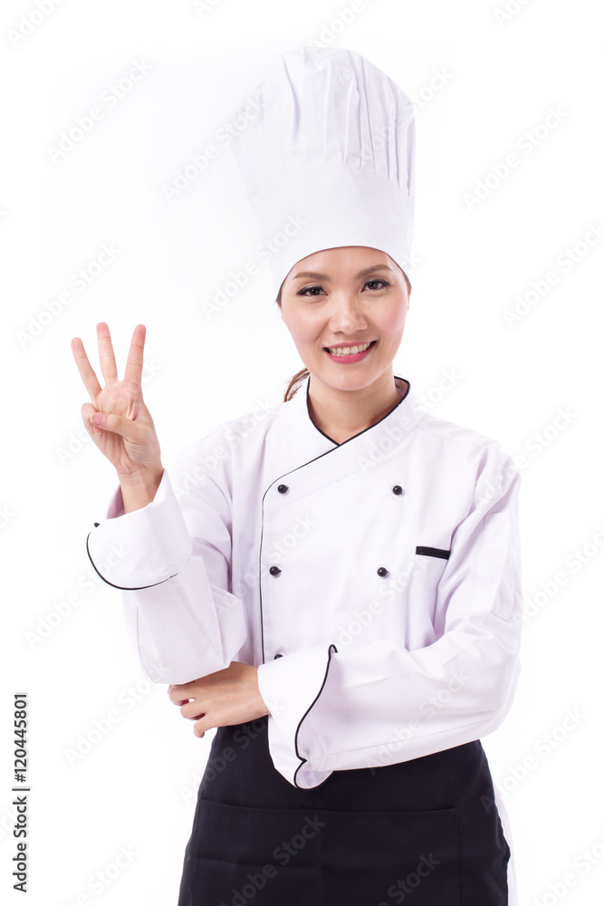 happy, smiling, positive female chef pointing up four fingers happy, smiling, positive female chef pointing up four fingers