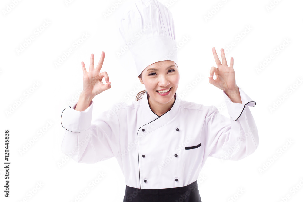 happy, smiling, positive female chef showing double ok hand sign happy, smiling, positive female chef showing double ok hand sign