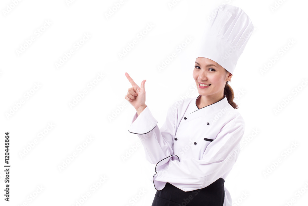 happy, smiling, positive female chef pointing up happy, smiling, positive female chef pointing up