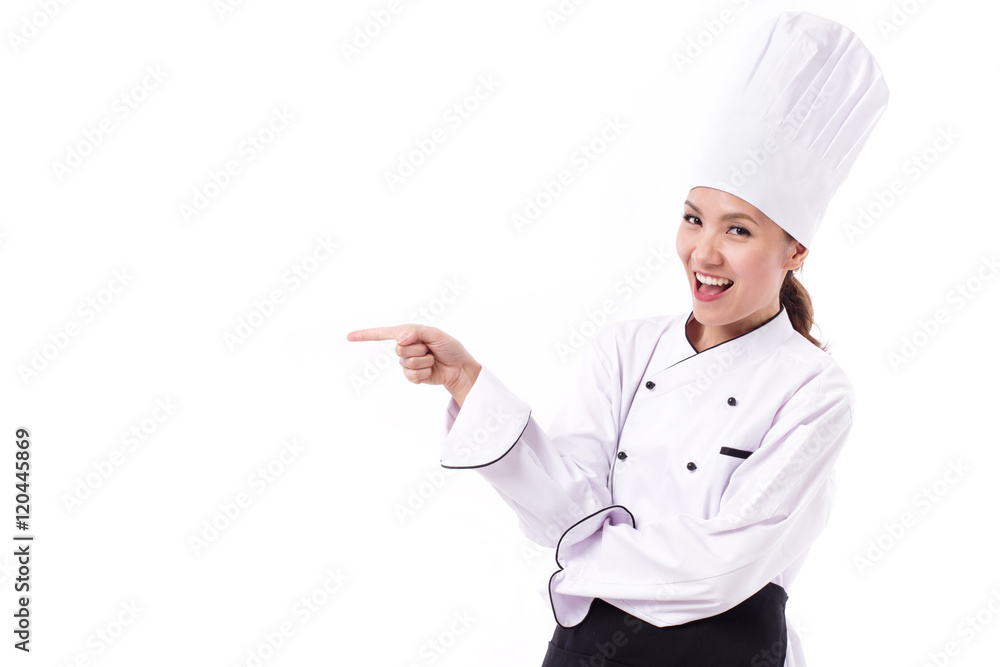 happy, smiling, positive female chef pointing sideway happy, smiling, positive female chef pointing sideway
