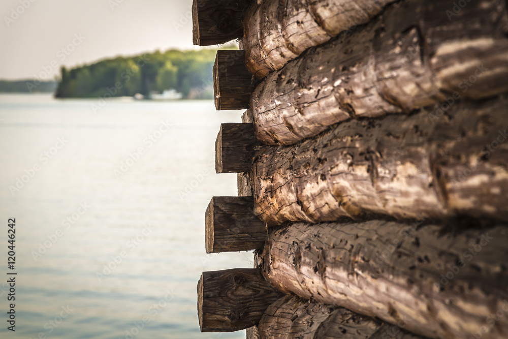Wall of log house close-up.