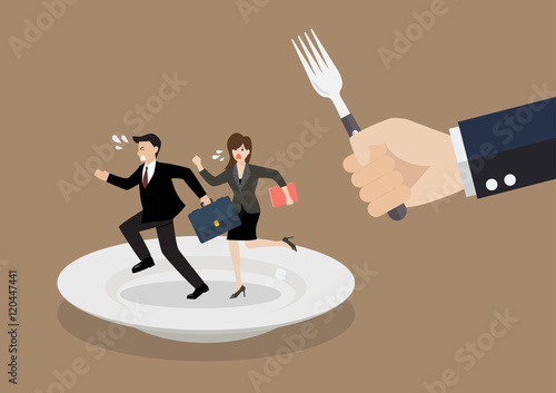 Business people run away from big hungry man