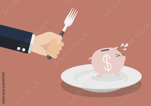 Piggy bank run away from big hungry man