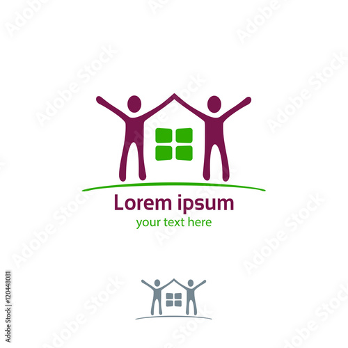 Silhouette of the house and joyful people vector logo template.