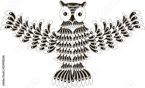 Stylized black and white flying owl, hand drawn, vector illustration