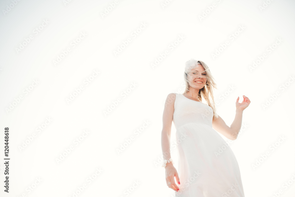 Romantic beautiful bride in white dress posing on the sea stones Romantic beautiful bride in white dress posing on the sea stones