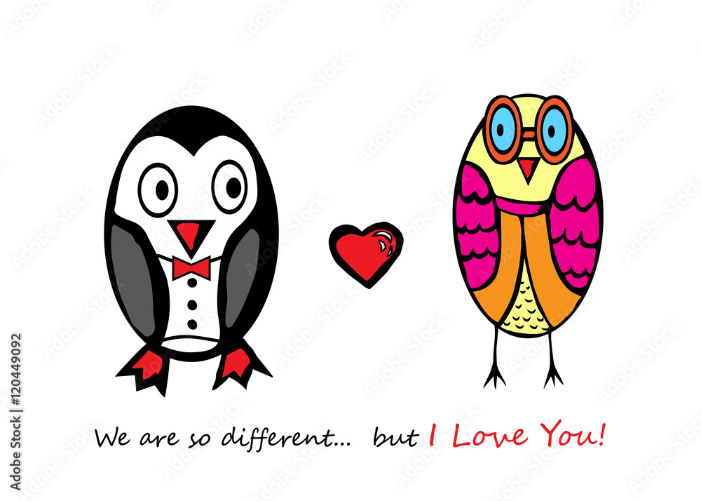 Fototapeta premium Fall in love hand drawing penguin and owl.