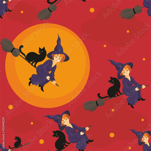 Halloween seamless pattern  with the image of the little witch