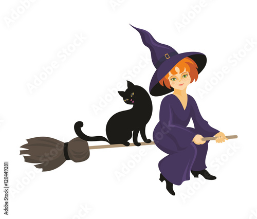 the little red-haired witch and black cat fly on the broom