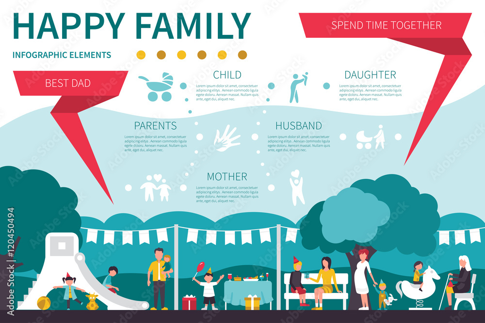 Fototapeta premium Happy Family infographic flat vector illustration. Presentation Concept