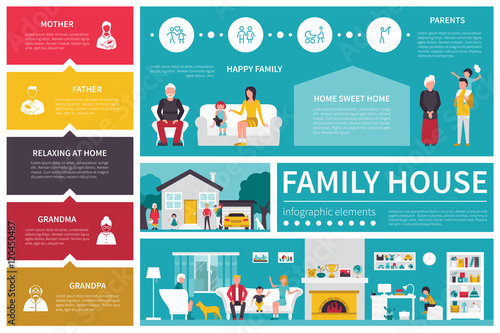Family House infographic flat vector illustration. Presentation Concept