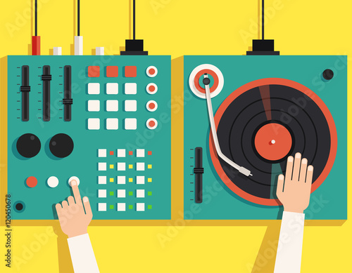 Turntable with dj hands. Vector flat illustration