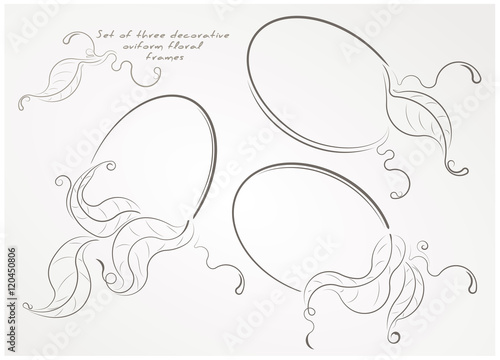 Set of three decorative oviform floral frames with leaves.