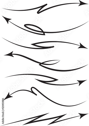 Set of 7 black coiled and curved arrows. Vector illustration