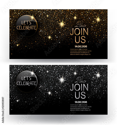 Sparkling invitation gold and silver cards. Vector illustration
