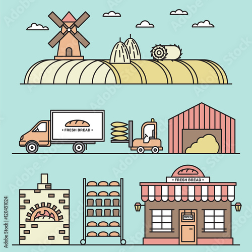 Wheat harvesting proccess illustration.