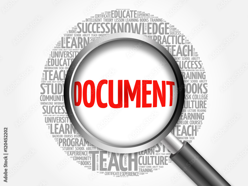 DOCUMENT word cloud with magnifying glass, concept 3D illustration DOCUMENT word cloud with magnifying glass, concept 3D illustration
