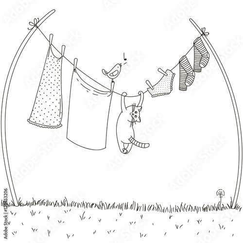 Cat hanging on a clothesline. for bird hunting. Vector illustration. doodle