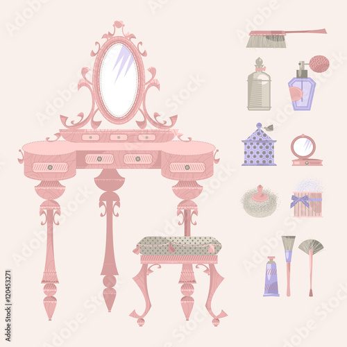 Dressing table with a mirror and a chair. Retro style. Art deco.