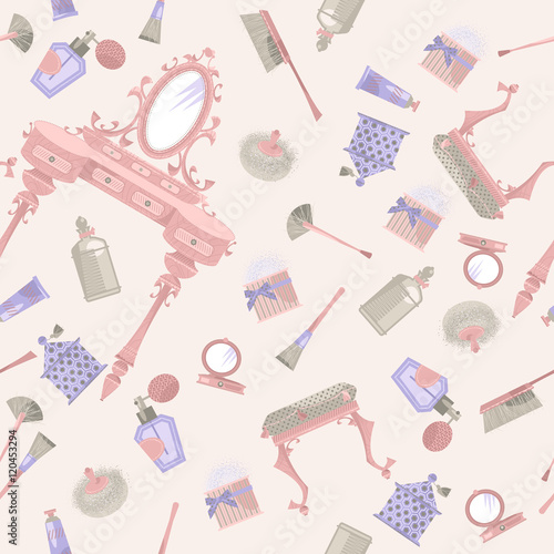 Dressing table with a mirror and cosmetics. Retro style. Seamless background pattern.