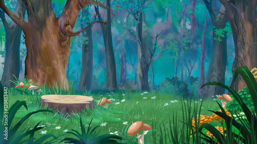 Forest Glade with Big Stump and Mushrooms in a Summer Day