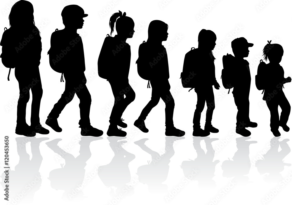 Silhouette of a child with a backpack . Silhouette of a child with a backpack .