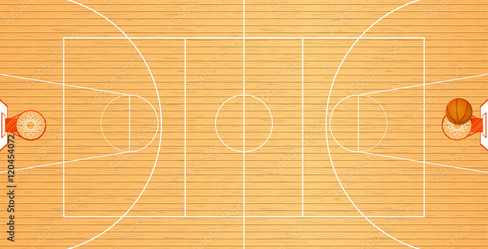 Naklejka premium Vector illustration a basketball court, top view, a ball in a basket, tournament area, team sport