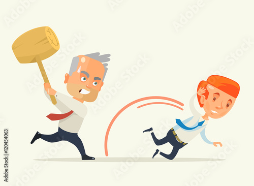 Angry boss hold hammer chase worker. Vector flat cartoon illustration