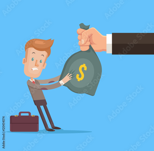 Hand stealing money from worker character. Vector flat cartoon illustration