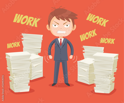 Angry office worker character has lot of works. Vector flat cartoon illustration