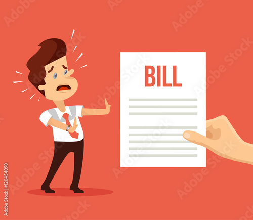 Shocked man character received bill. Vector flat cartoon illustration