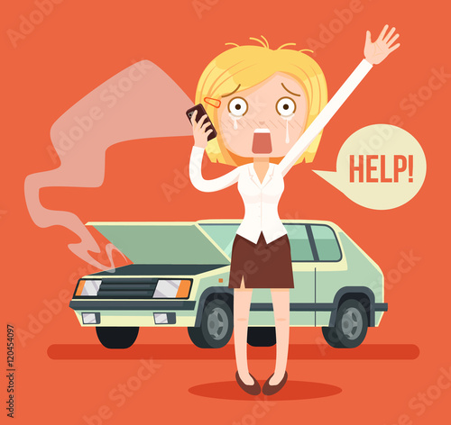 Woman character crying calling after car crash. Vector flat cartoon illustration